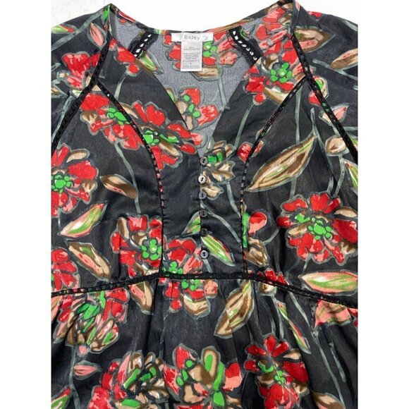 ESLEY Boho Casual‎ Cinch-Waist Floral Top Large Black Multicolor Hi-Lo Baby-Doll - Picture 7 of 13
